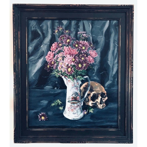 Floral Still Life Skull 20x24 Acrylic on Linen In Wood Mid century Modern Frame - Picture 1 of 7